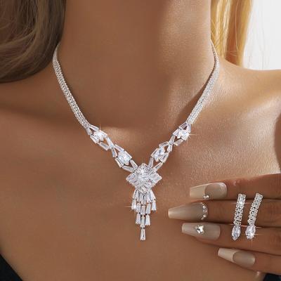 3PC Women's Fashionable Rhinestone Geometric Fringe Necklace Earrings Zircon Set Wedding Party Holiday Gift