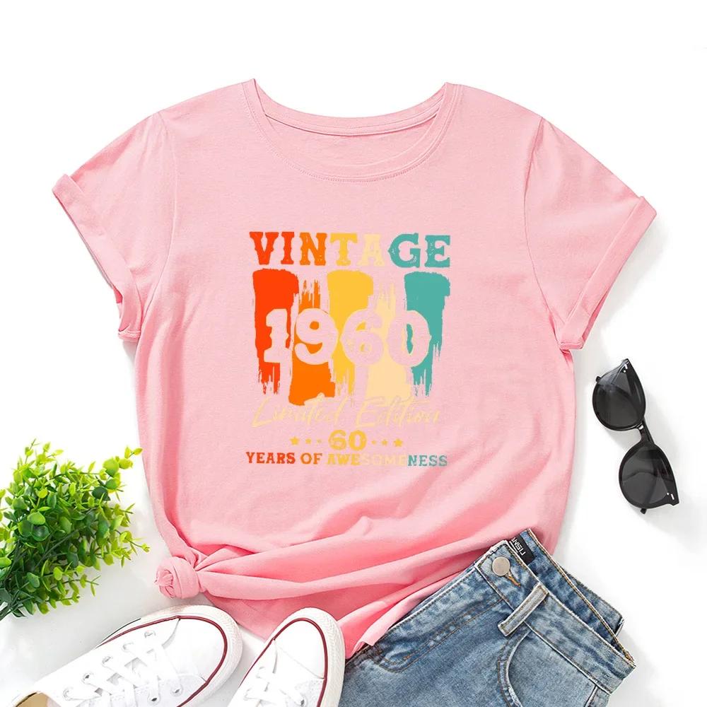 Retro 1960 Letter Printed Womens Tshirt Short Sleeved Round Neck Fashionable Versatile Womens Tshirt Top