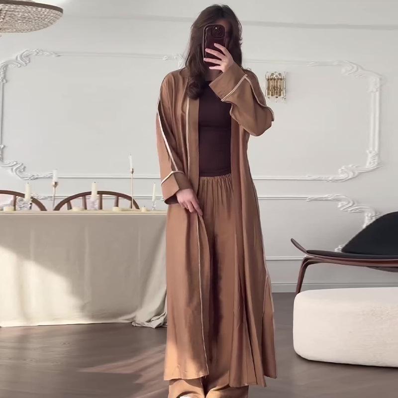 Autumn 2024 Women's Casual Solid Color Long Robe Two-Piece Loungewear Set