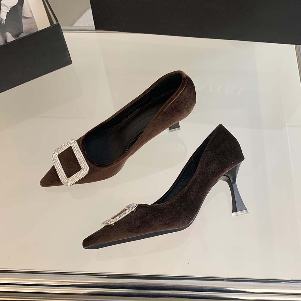 fashion Sexy Party Pumps Women Shallow Slip On Dress Rhinestone Pumps Thin High Heels Black Brown Red Fasshion Office Shoes Woman 35-39