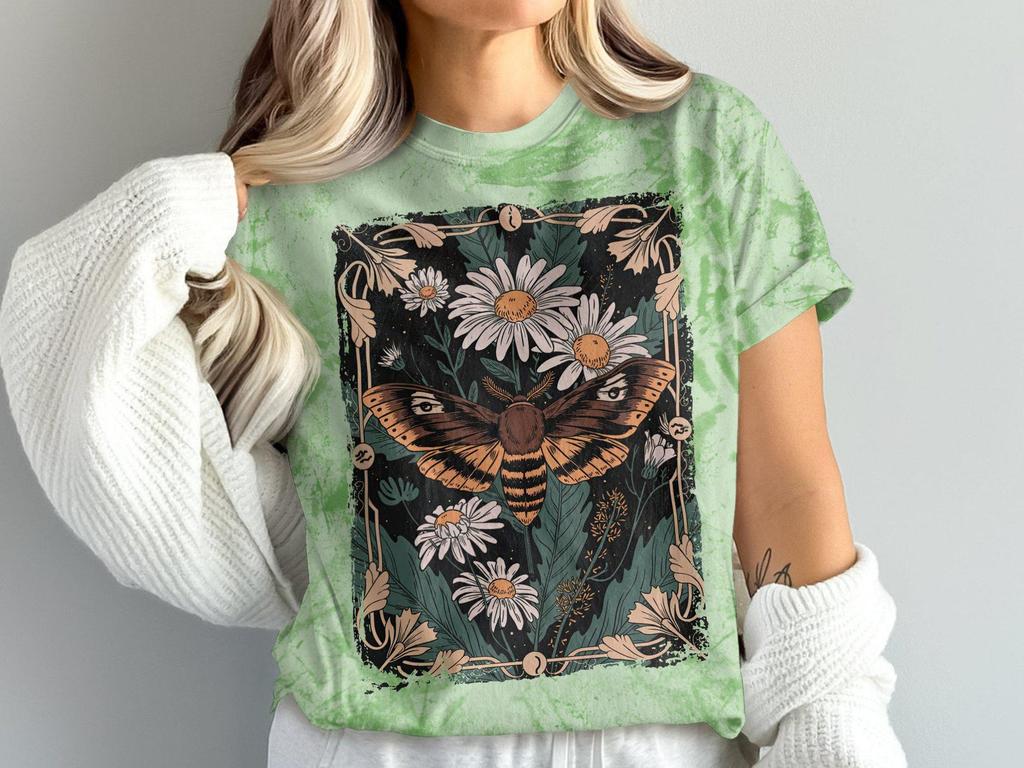 Moth and Floral Magic Artwork T-Shirt, Unique Insect and Daisy Design Tee, Artistic Nature Inspired Casual Wear, Statement Graphic TShirt