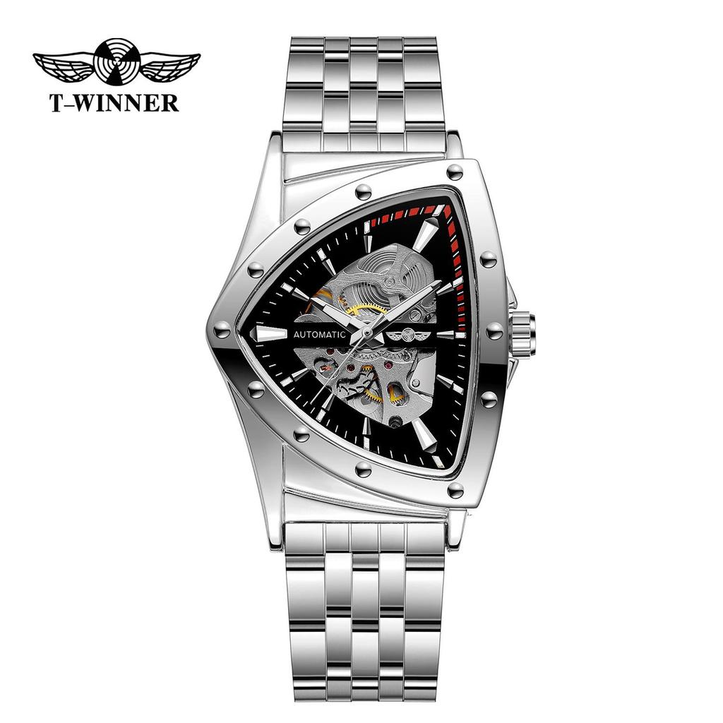 T-WINNER 8243 Mode Casual Driehoekig Skelet Automatisch Mechanisch Stalen Band Horloge
