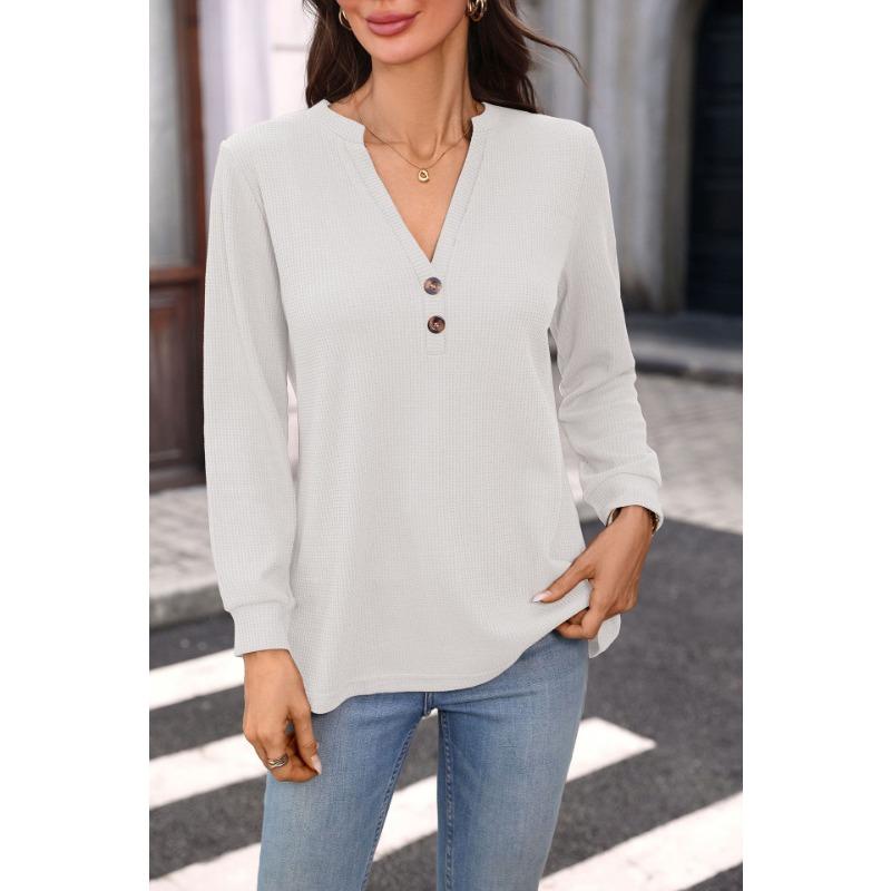 Damen Unifarben V-Ausschnitt Knopf Waffelstrick Langarm Locker T-Shirt