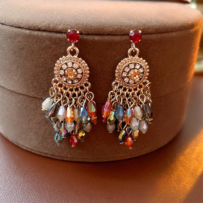 Bohemian Rhinestone Crystal Flower Tassel Silver Earrings - Vintage Ethnic High-End Jewelry