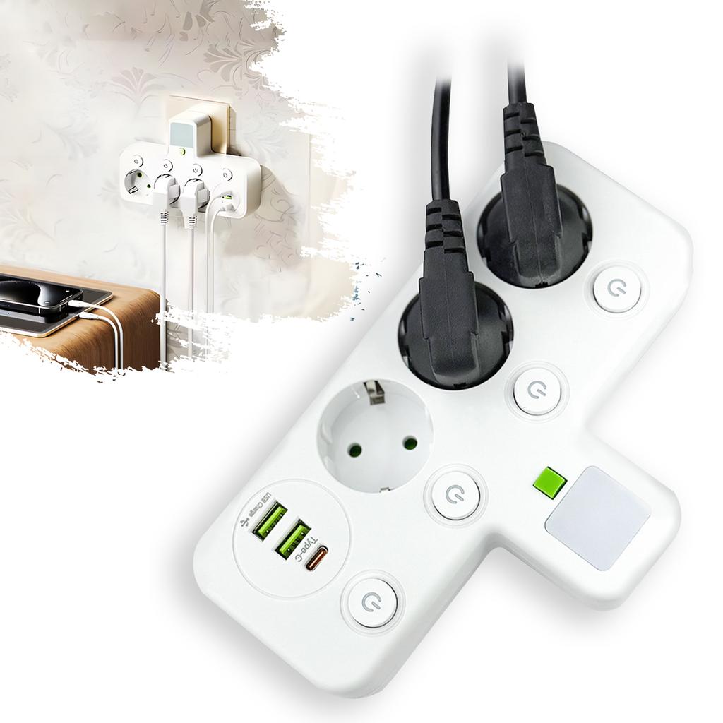 European Standard European Power Socket USB Type-c with Switch Socket, 1-to-3 Converter