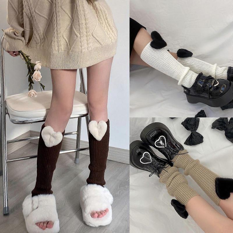 Women Winter Ribbed Knit Leg Warmers 3D Stuffed Plush Heart Crochet Boot Socks  Black heart on brown