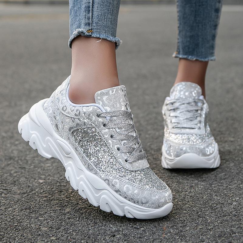 Sequined leopard print lightweight women s casual sneakers 36 серебряный