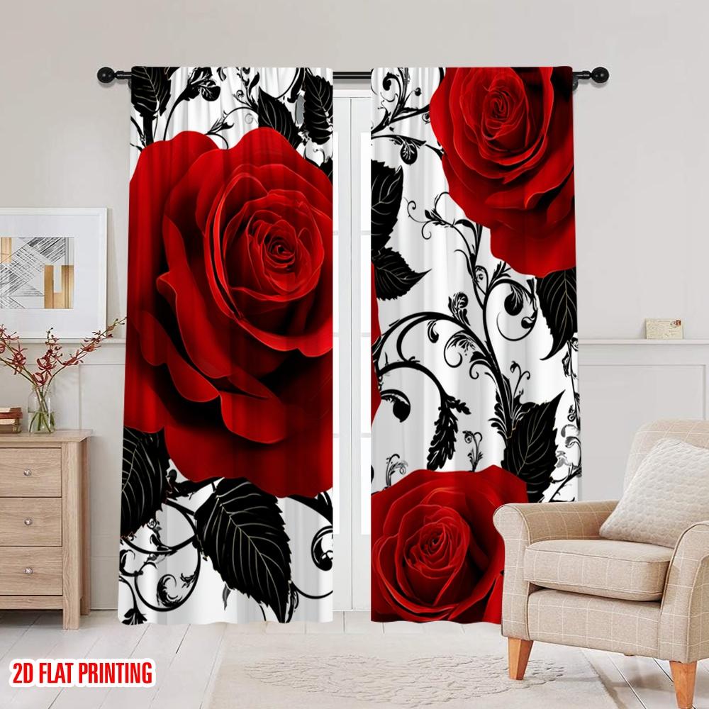 Set Of 2 Flat Printing Curtains Red Roses Black Swirls Floral Digital Printed Polyester Drapes Seasonal Party Holiday Decor Curtain