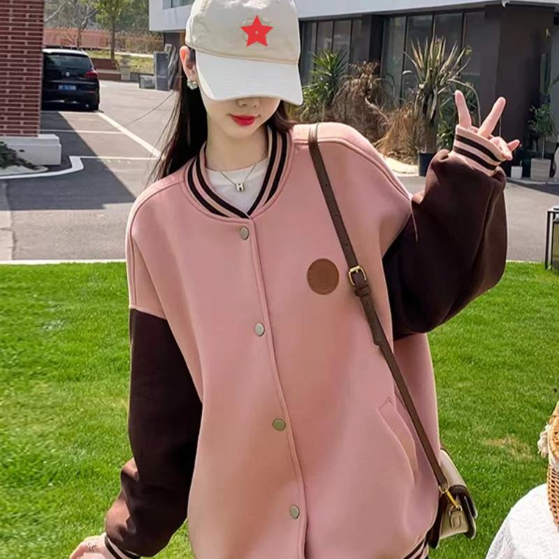 Women's Pink Retro College Style Baseball Jacket - Spring/Autumn Patchwork Casual Top