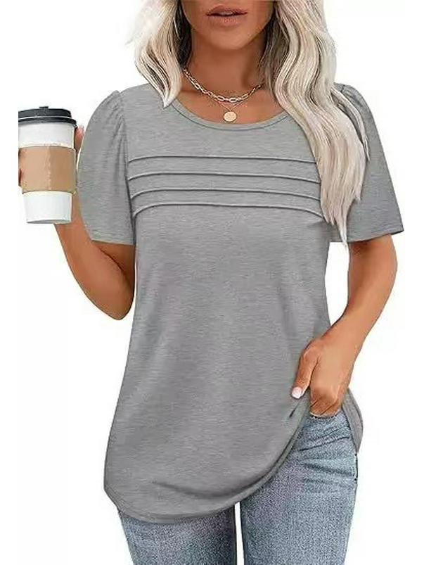 Women's Casual Pleated Loose T-shirt, Round Neck, Short Sleeve, Summer 2026 Collection