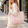 Bolsa Tote de Lona Listrada Cor Macaron, Reutilizável Estilosa para Compras com Bolso Frontal, de Ombro para Compras Piquenique Deslocamento Multiuso