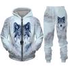 Men's Zipper Hoodie Set 3D Printed Animal Wolf Sportswear/Pants Casual Street Long Sleeve Loose Spring Autumn 2 Piece Set