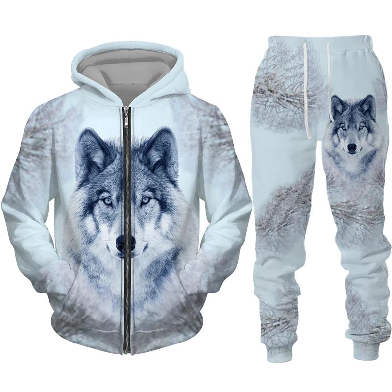 Men's Zipper Hoodie Set 3D Printed Animal Wolf Sportswear/Pants Casual Street Long Sleeve Loose Spring Autumn 2 Piece Set