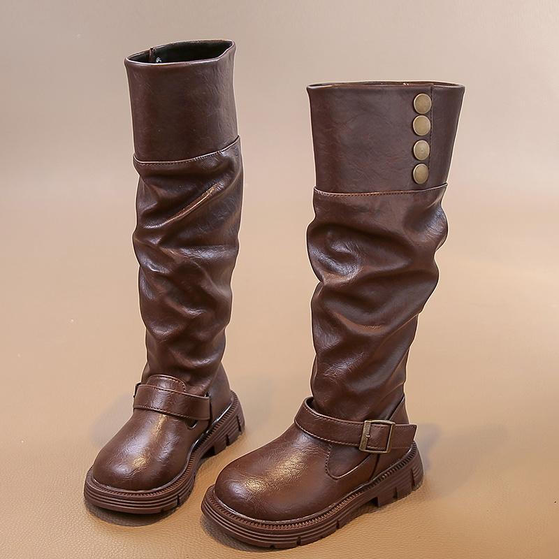 Girls Winter Fashion Banquet Warm/Soft Thick-soled Evening Long Knee-high Boots Baby Single/Velvet Buckle Retro Riding Boots