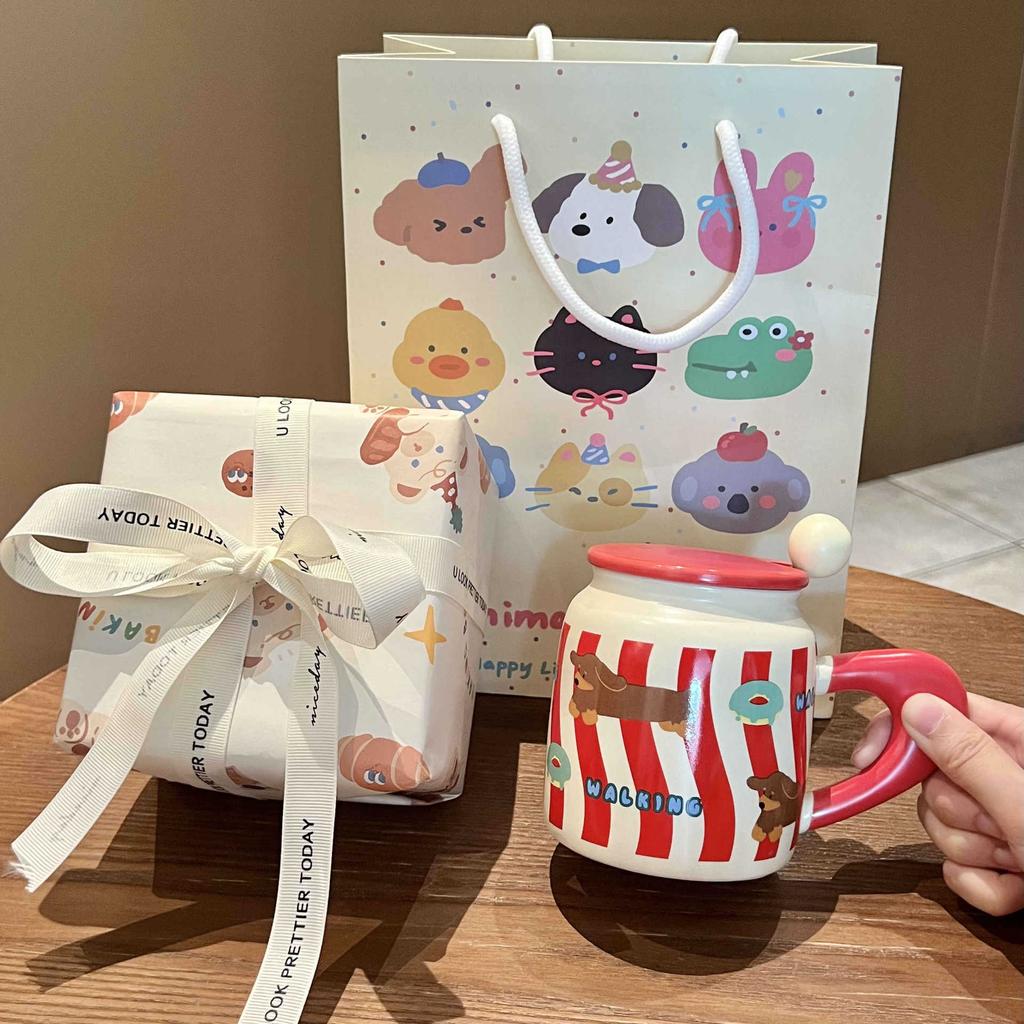 Niedliche Party-Welpen-Keramiktasse mit Deckel für Mädchen-Geburtstagsgeschenk, praktisches Souvenir-Geschenkset für Freundinnen