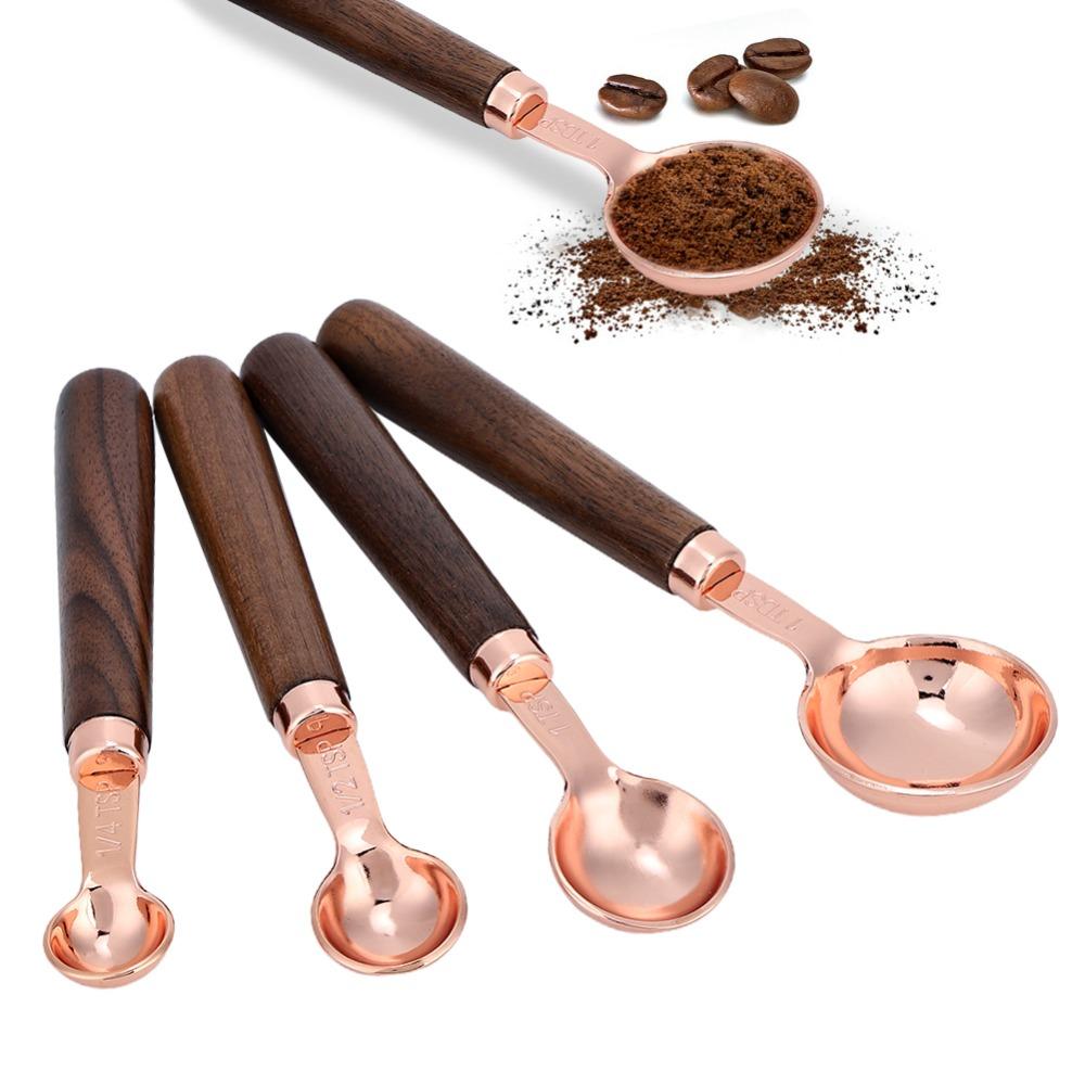 4PCS Set Walnut Wood Handle Measuring Cup Set Stainless Steel Stainless Steel Scoop For Household
