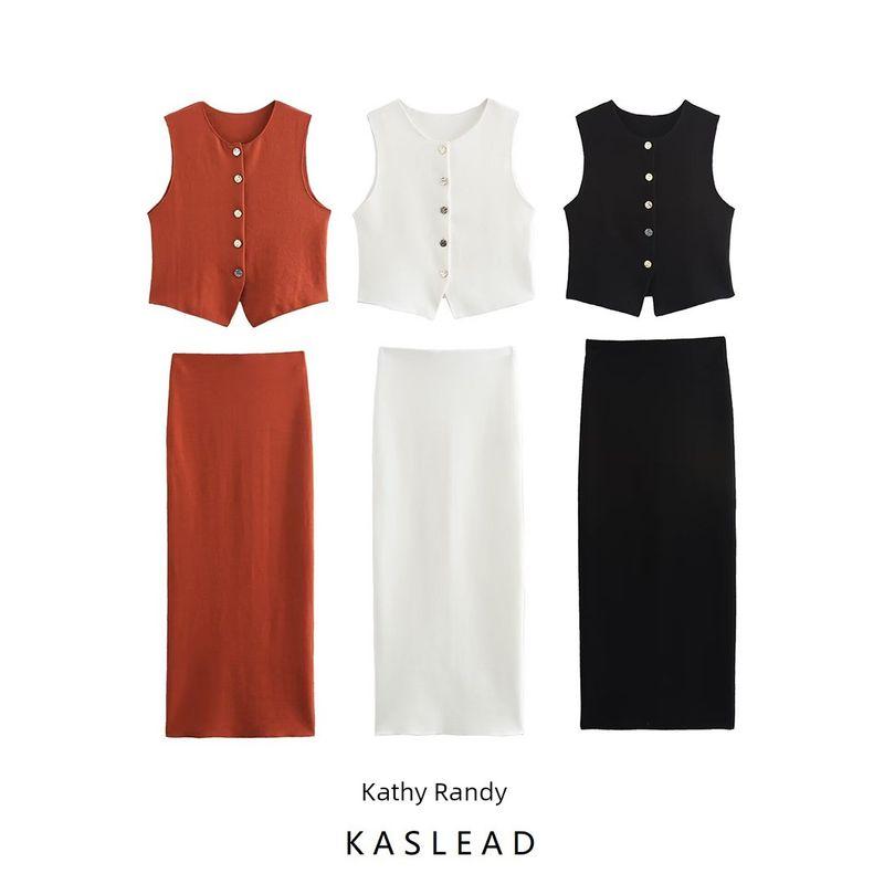 Kaslead New Arrival Women's Clothing Fashion Style Decorated Row Button Knitting Vest Skirt 5584664 5584665