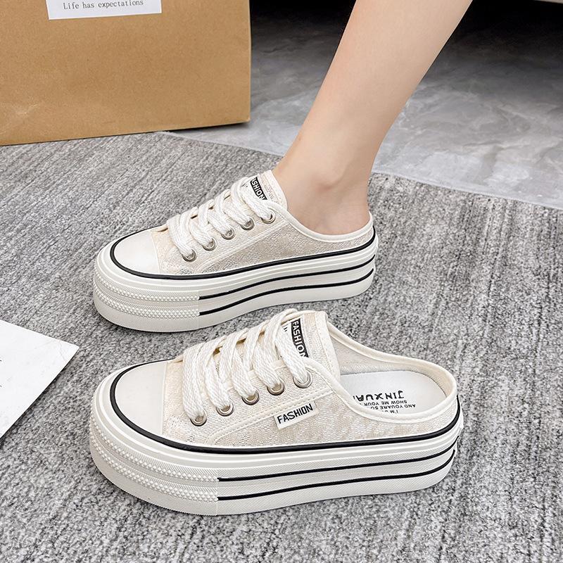 

Baotou cool slippers women s summer 2025 new half-drag ins lace breathable muffin versatile platform shoes tide 40 бежевый