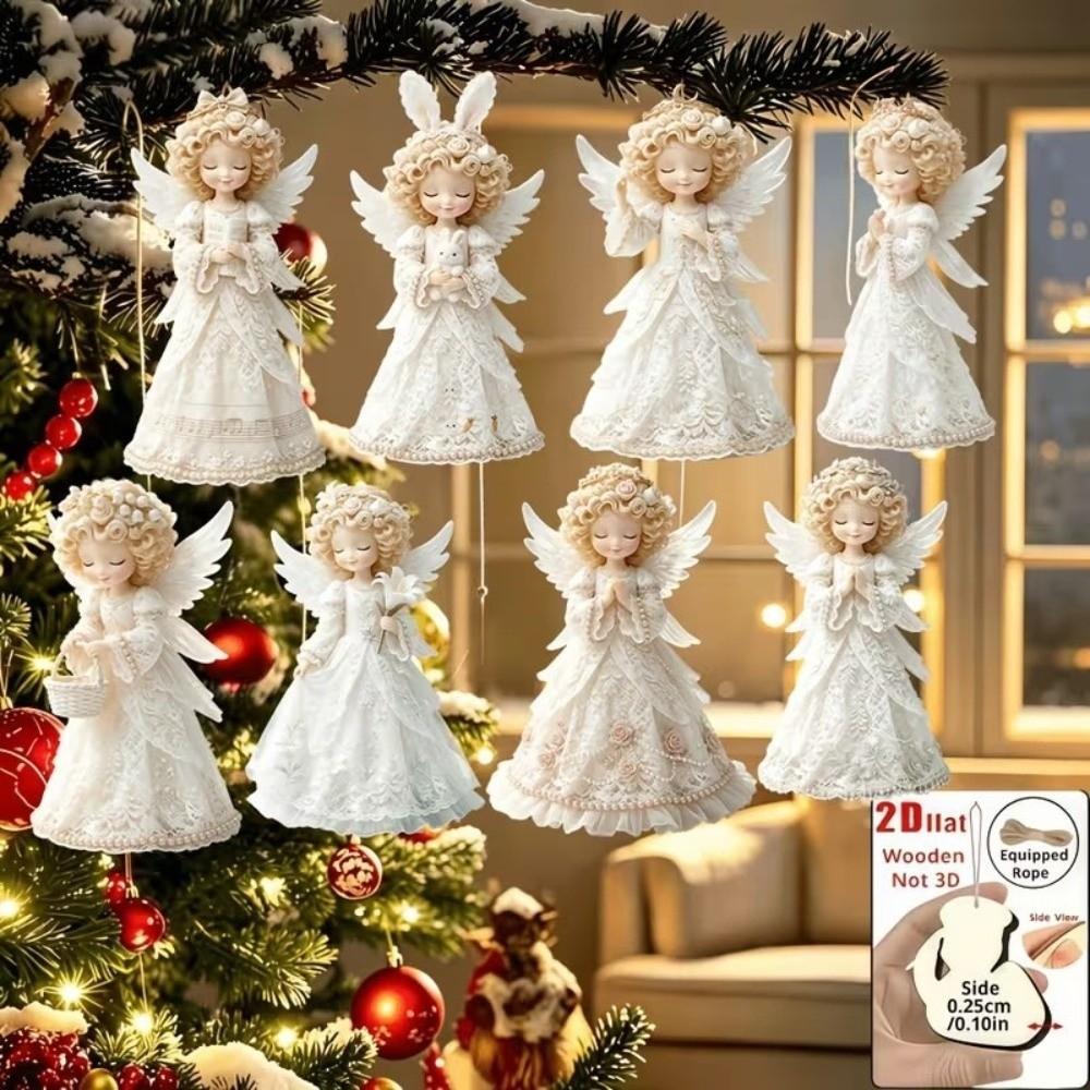 8 pcs 2D Flat Christmas Hanging Ornament Wooden Xmas Decoration Holiday Party