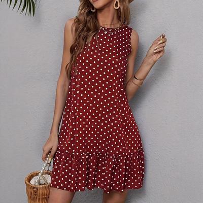 Batwing Hem Dress with Sleeveless Polka Dot Print - Cute and Playful Women's Clothing