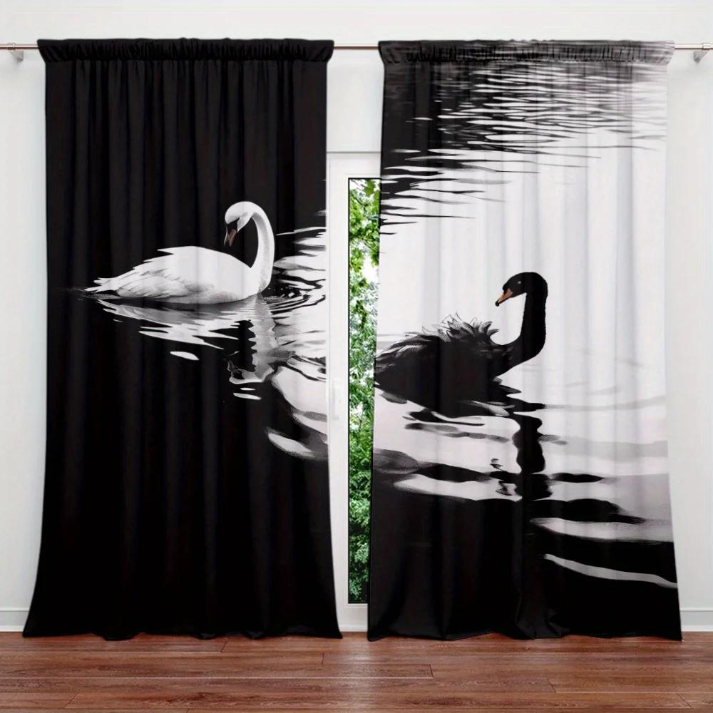 2pcs Black and White Swan Printed Curtain for Home Decor - Rod Pocket Window Treatment for Bedroom, Office, Kitchen, Living Room