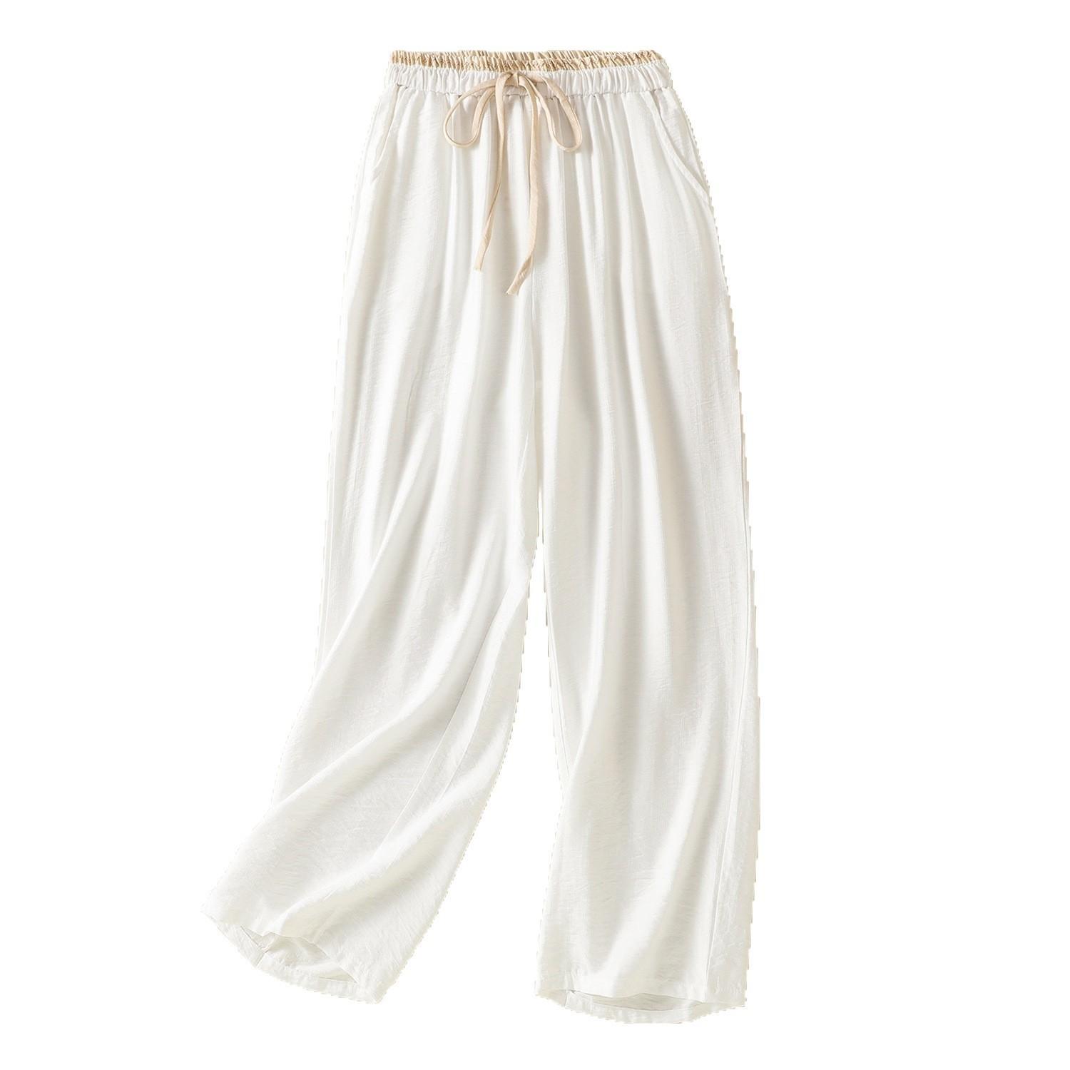 

2025 summer new light and breathable solid color cotton and linen straight pants women s literary and artistic style drawstring elastic waist casual M білий