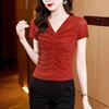 New Summer Style Versatile V-neck Pleated Mesh Slim Fit and Slim Hot Diamond Mesh Short-sleeved T-shirt Top for Women