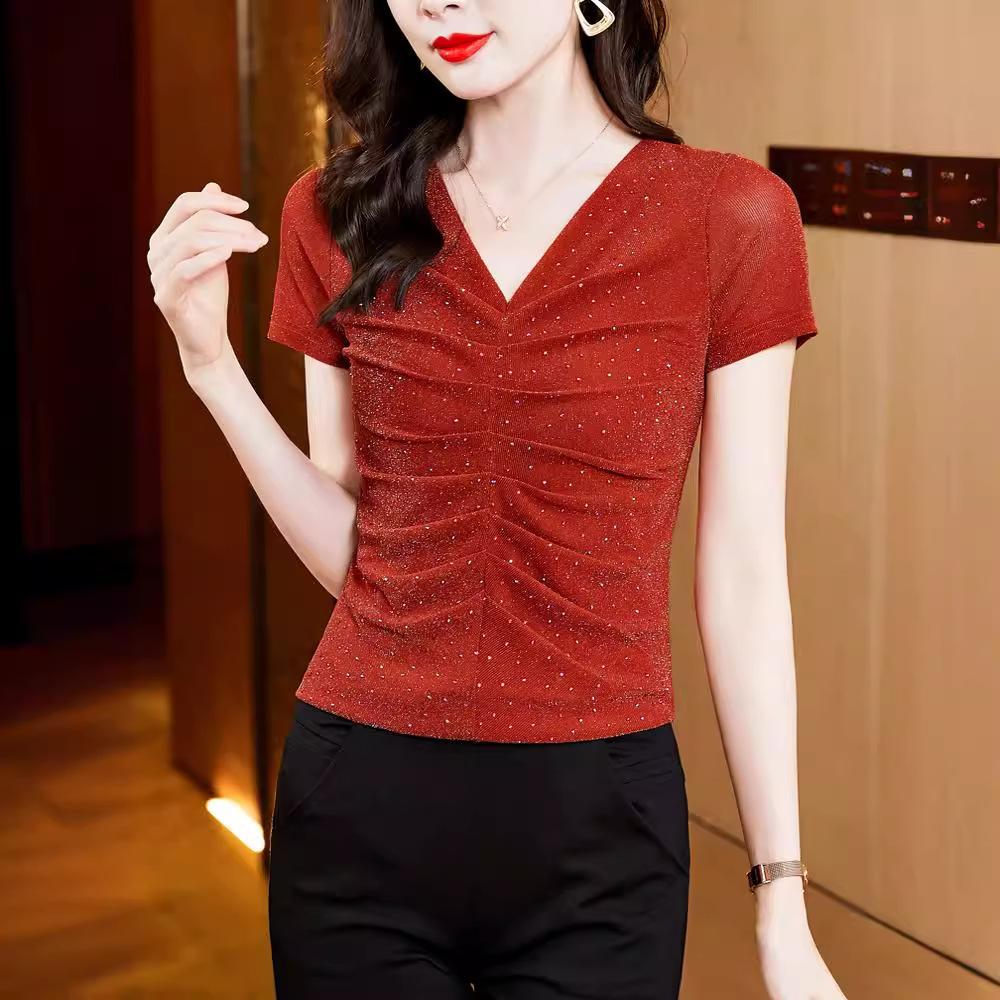 New Summer Style Versatile V-neck Pleated Mesh Slim Fit and Slim Hot Diamond Mesh Short-sleeved T-shirt Top for Women
