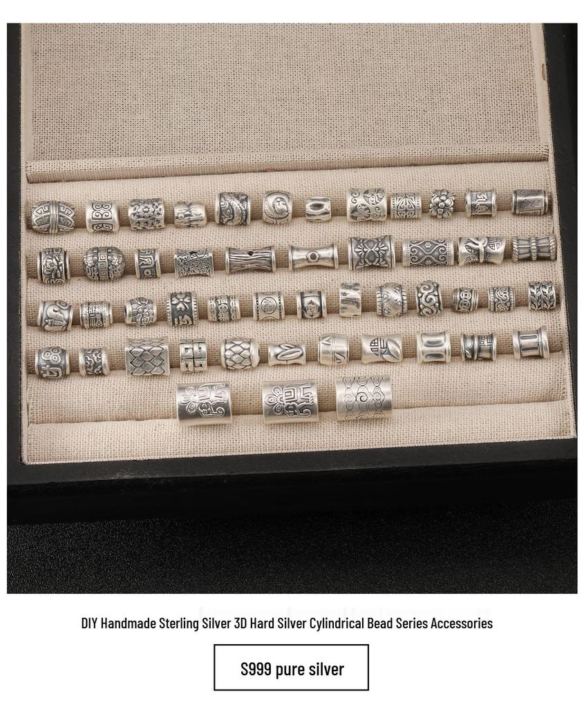 S999 Sterling Silver Wealth & Peace Barrel Spacer Beads for DIY Braiding Rope Silver Accessories