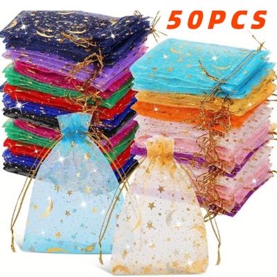 50 STÜCKE Mond Sterne Kordelzug Organzabeutel Schmuck Geschenkbeutel Beutel Gold Stern Organza Gastgeschenktüten für Weihnachten Hochzeit