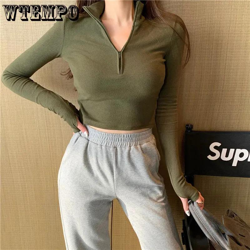 WTEMPO Elegant High Neck Half Zipper Front Knitted Sweater Women Solid Basic Cropped Pullover Summer Spring Fashion Clothing Sweater