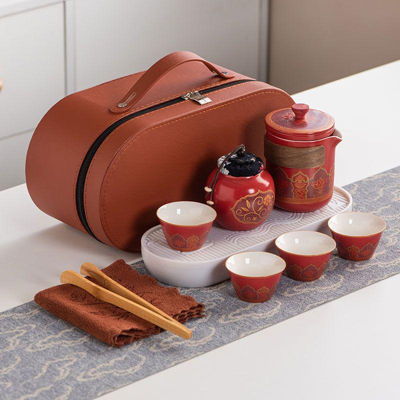 Ancient Charm Ceramic Travel Tea Set: Quick-Brew Pot with Three Cups for Outdoor Use - Customizable Logo Gift
