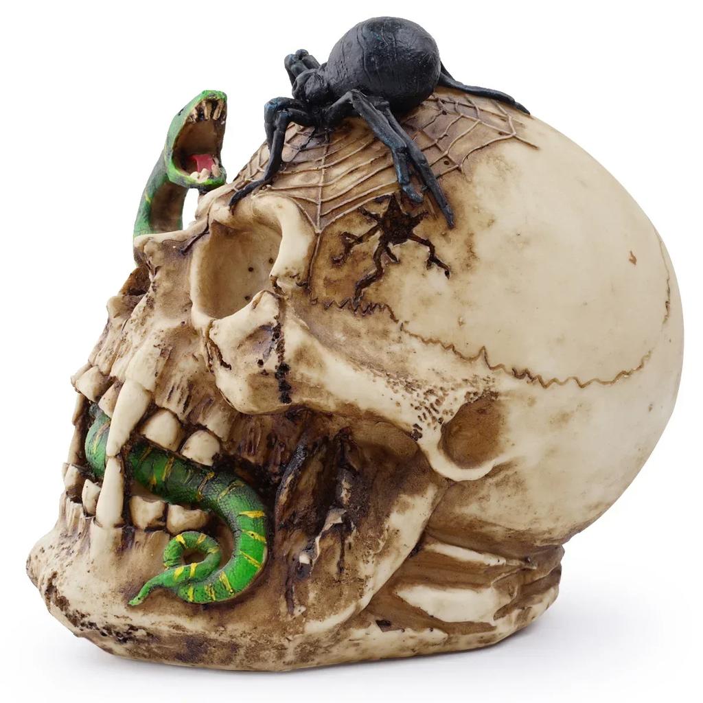 Handgefertigte Totenkopfstatue aus Kunstharz mit Schlangen- und Spinnenmotiv, Totenkopf-Skulptur, für Zuhause, Halloween-Party, Totenkopf-Dekor, Film-Horror-Requisite