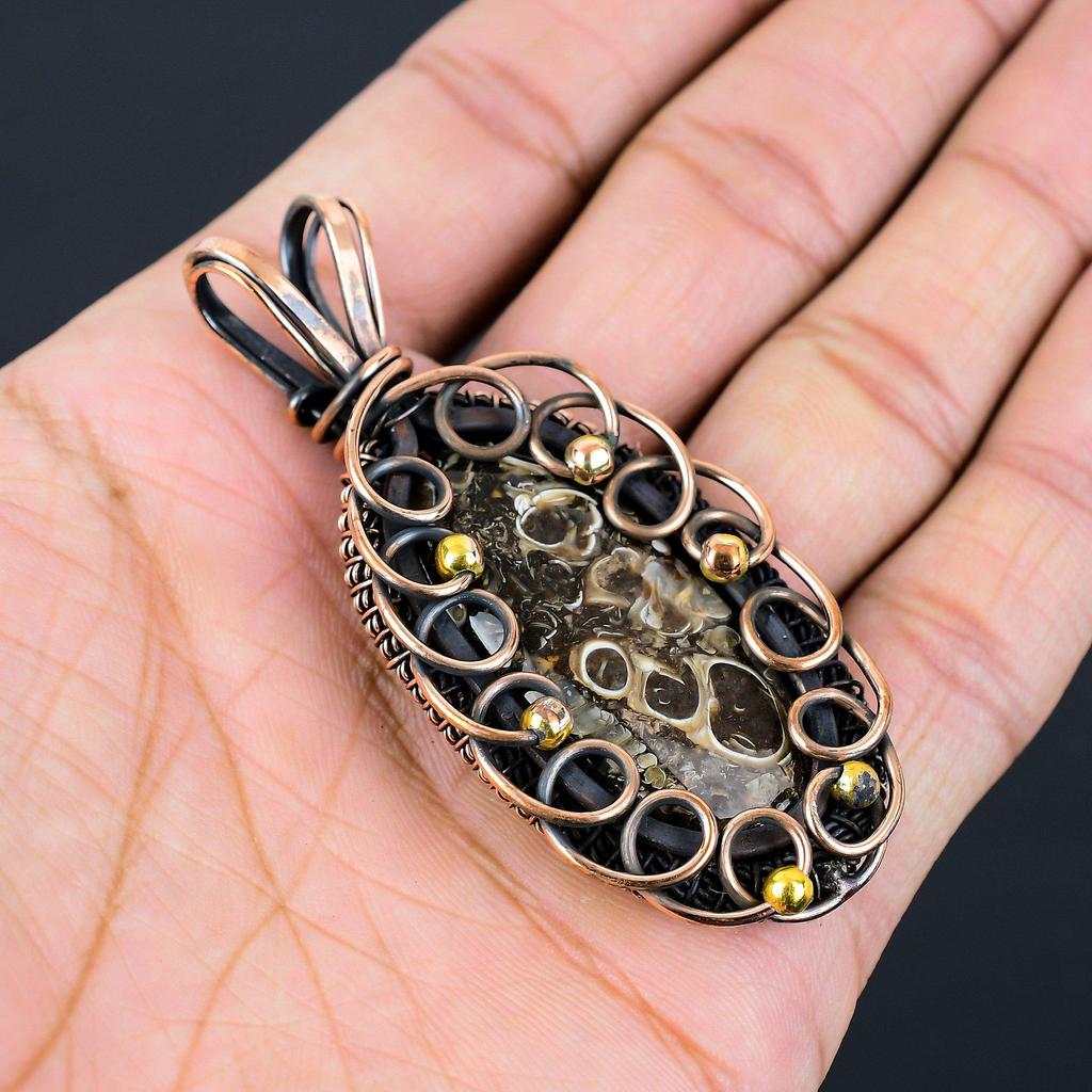 Beautiful Turritella Fossil Gemstone Pure Copper Wire Wrapped Handmade Jewelry Pendant