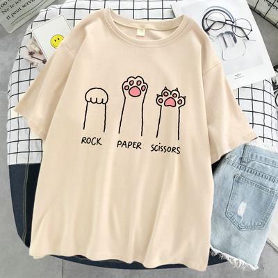 Rock Paper Scissors Funny Cat Print Tričko Ženy Léto Měkké Oversized Topy Móda Ležérní Krátký rukáv Street Bavlna
