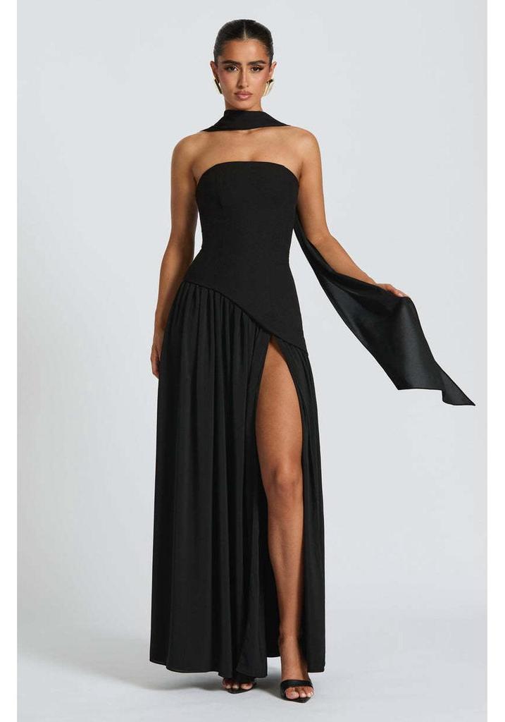 Vestido de mujer sin tirantes, sin espalda y con abertura, estilo europeo y americano, 2025 - Sexy, Color liso, Abertura alta, Vestido largo