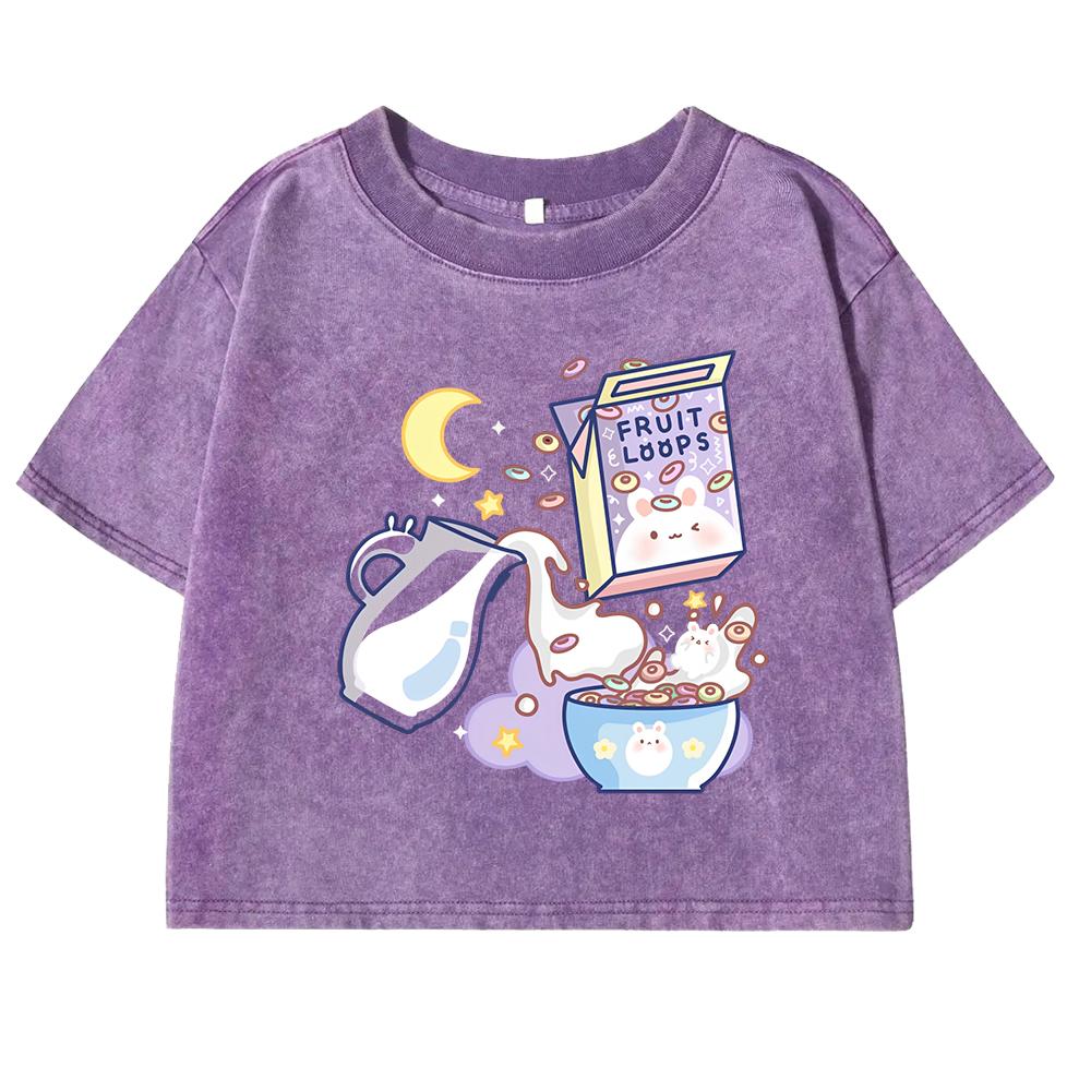 Vital Breakfast Fruit Loops White Milk  Print Womens Crop Top Washed Street Retro Tee Fitness  Short Sleeve