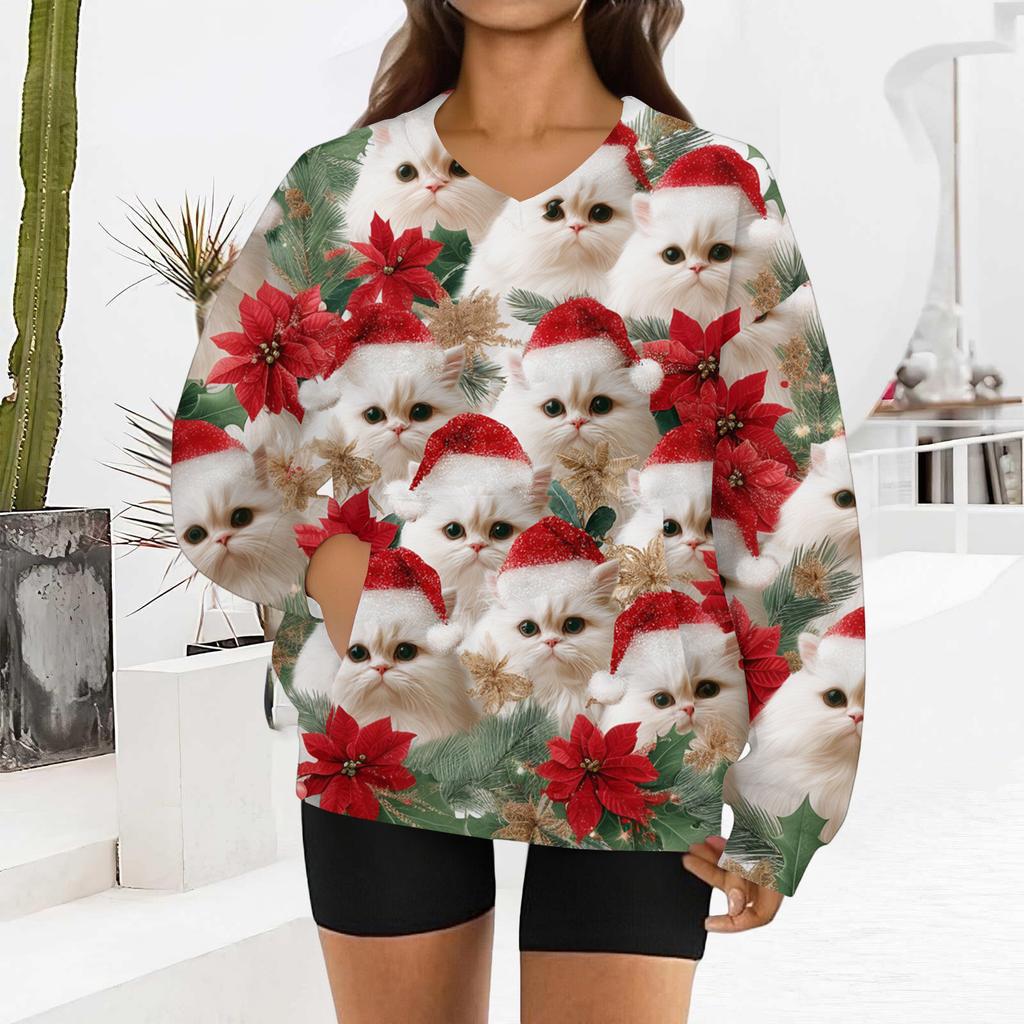Women's Fashionable Christmas Print Long-sleeved V-neck Sweatshirt