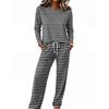 Women's Round Neck Long Sleeve Pajama Set with Drawstring Wide Leg Pants for Sleepwear Loungewear
