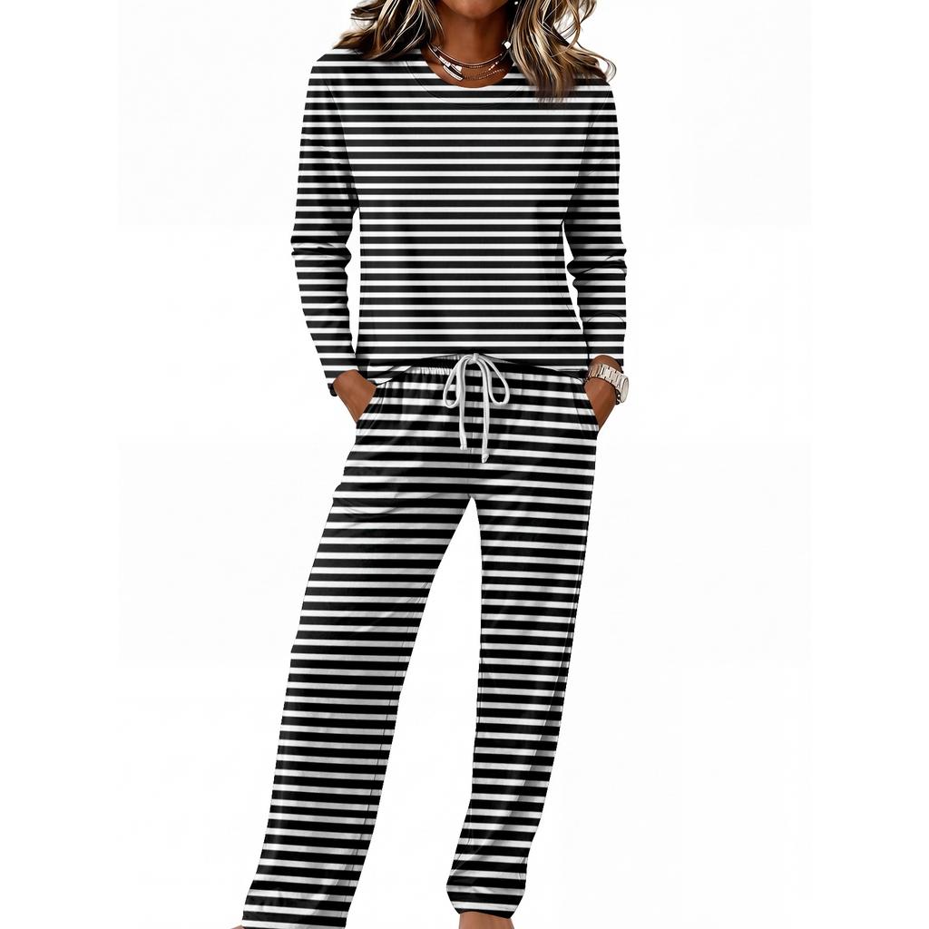 Women's Round Neck Long Sleeve Pajama Set with Drawstring Wide Leg Pants for Sleepwear Loungewear