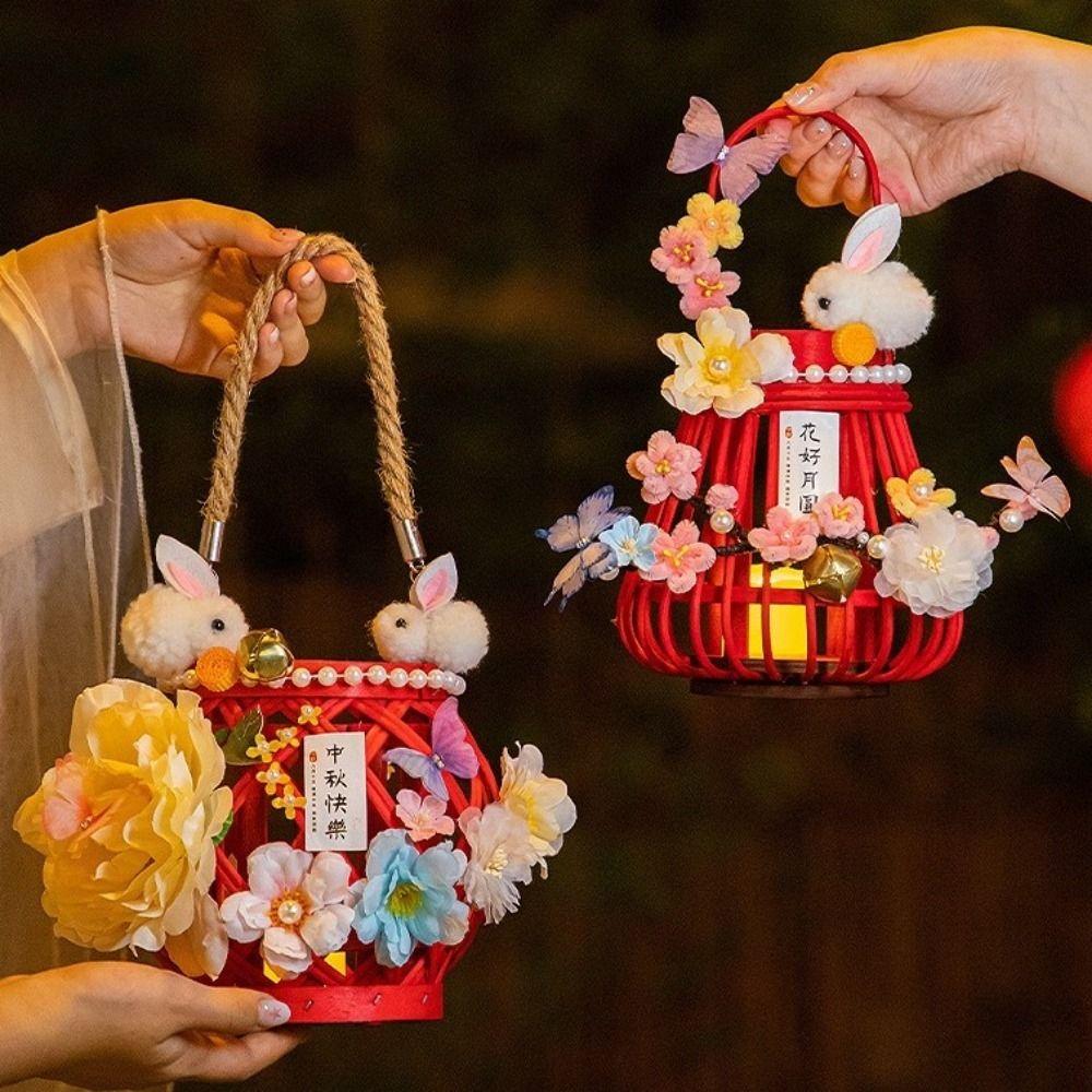 Traditionelle Rattan-Laternen im chinesischen Stil, Kaninchen-Blumen, DIY-Materialset, Laternen für das Mittherbstfest mit Licht, Handgefertigt