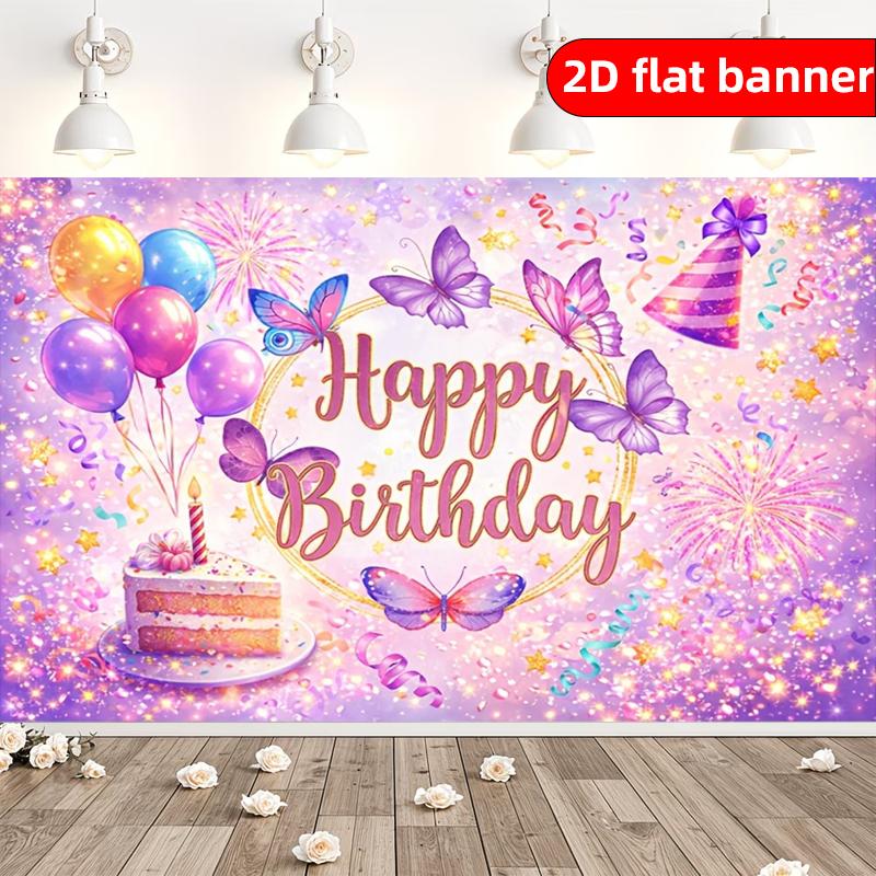 2D Background Cloth 1pc Purple Cake Butterfly Theme Birthday Party Background Cloth Polyester Background Decorative Banner 100x150cm