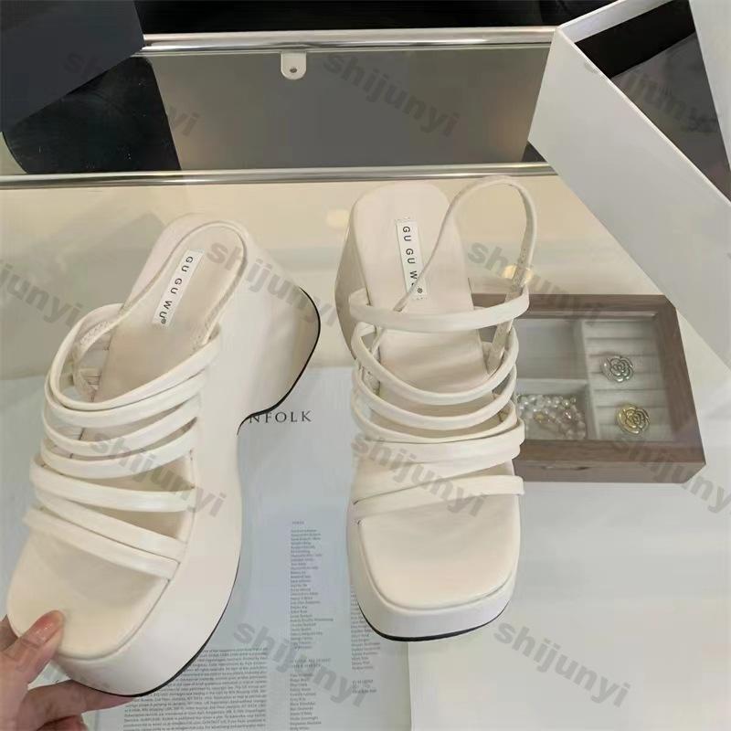 Fashion Women's Summer Chunky Heels Sandals New Fashion Strap High Heeled Slippers Woman Black Slip On Casual Platform Sandalias Mujer