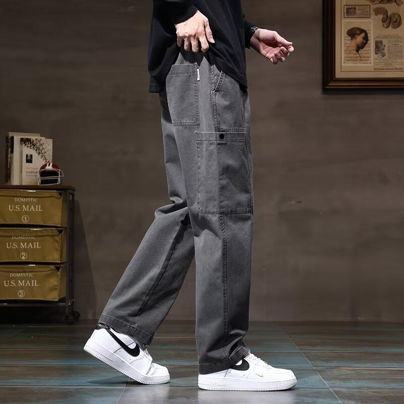 

Casual Pants Men s Spring and Autumn New Loose Trendy Brand Straight Tooling Men s Trendy Brand Long Pants M серый