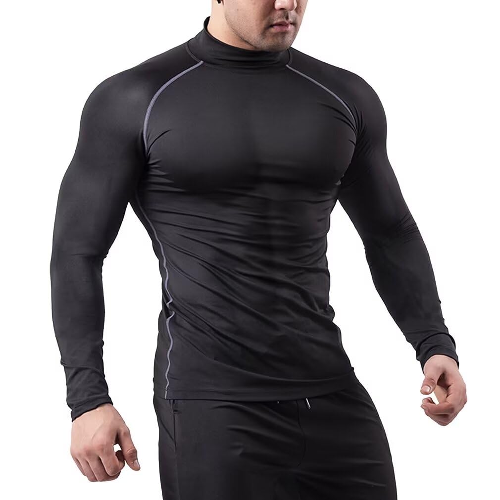 Sillictor Long Sleeve High Neck Compression Power Stretch Sports All UV Size Men's Top, Undershirt, Season, Protection, Cooling, Quick-Drying,
