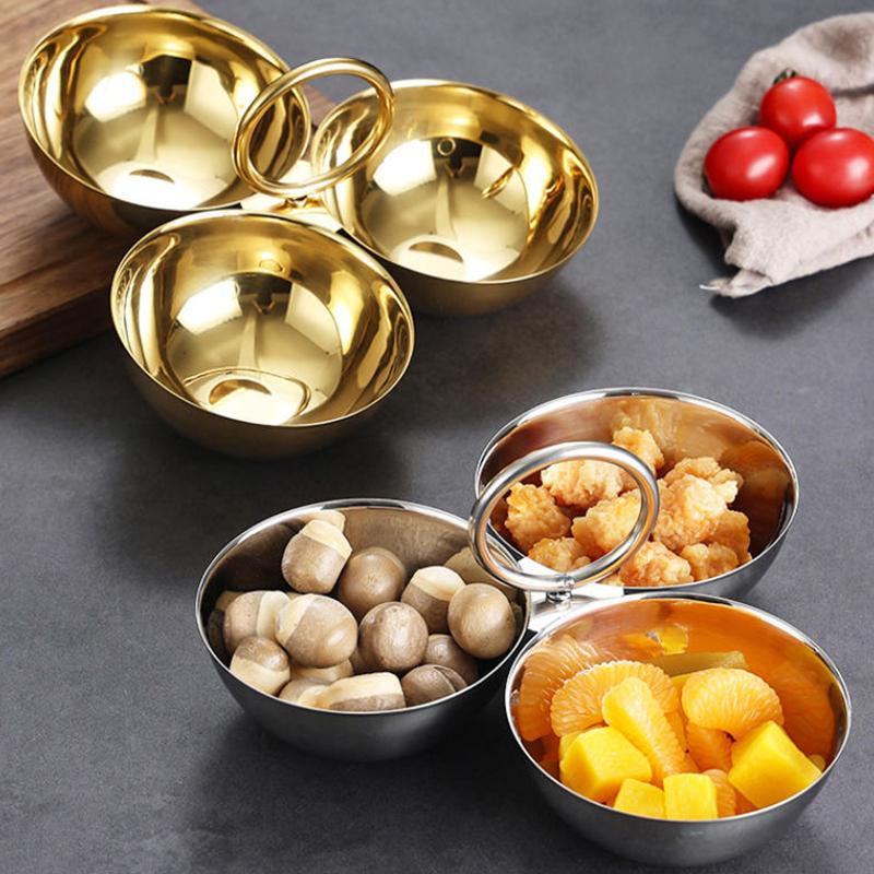 3-Compartment Stainless Steel Snack Bowl With Handle Candy Dish, Dessert Plate & Ornament For Parties, Home, Picnics, Office