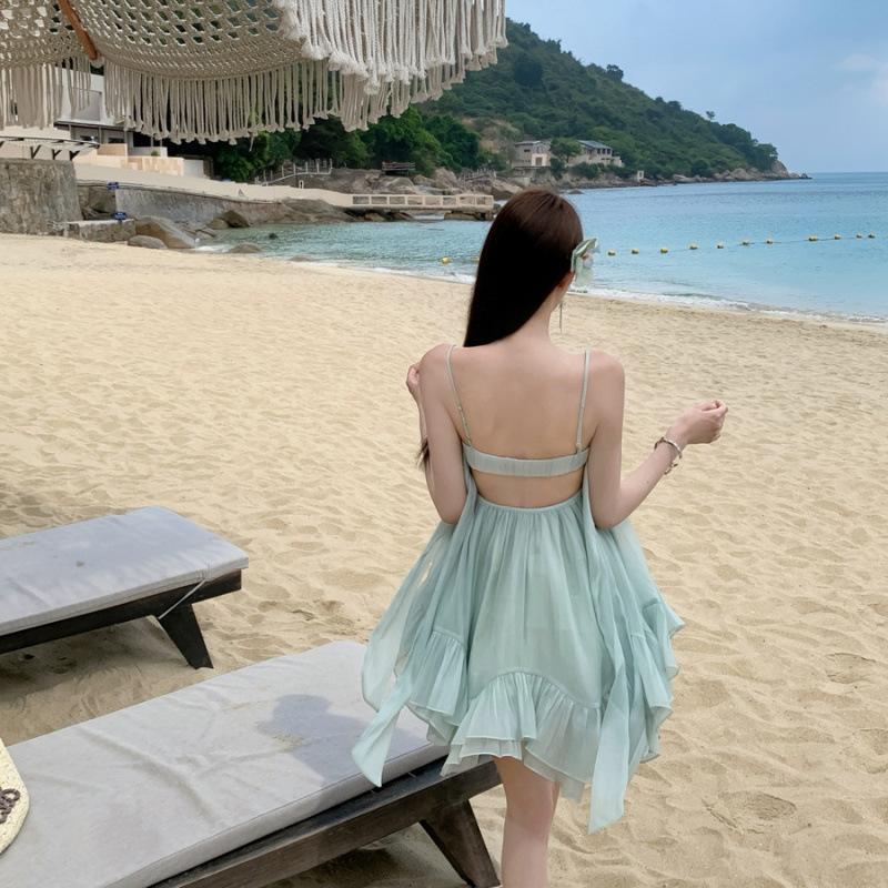 French Girl Bow Mint Green Suspender Short Skirt Lotus Leaf Edge Dress