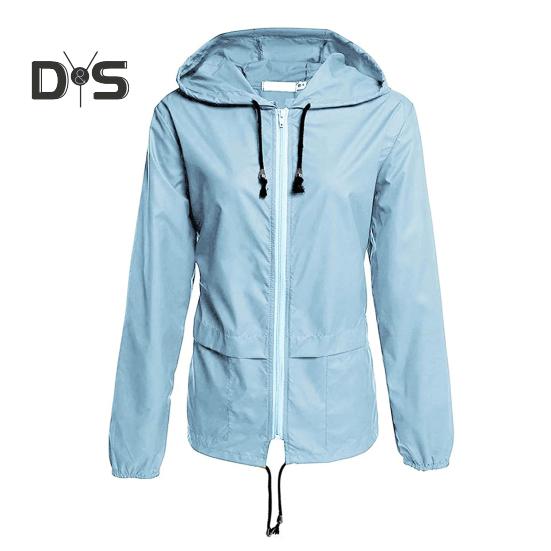Giacca antipioggia da donna, leggera, comoda, casual, per campeggio, escursionismo, con cappuccio, impermeabile, foderata, antivento, con tasche