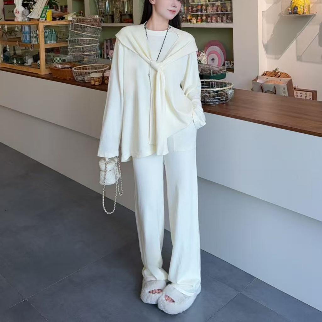 Temperament elegant knitted sweater set women's spring and autumn new loose lazy style casual top pants shawl three-piece set