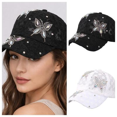 Breathable Butterfly Flower Baseball Cap Rhinestone Lace Visors Cap Adjustable Korean Style Mesh Peaked Hat Women